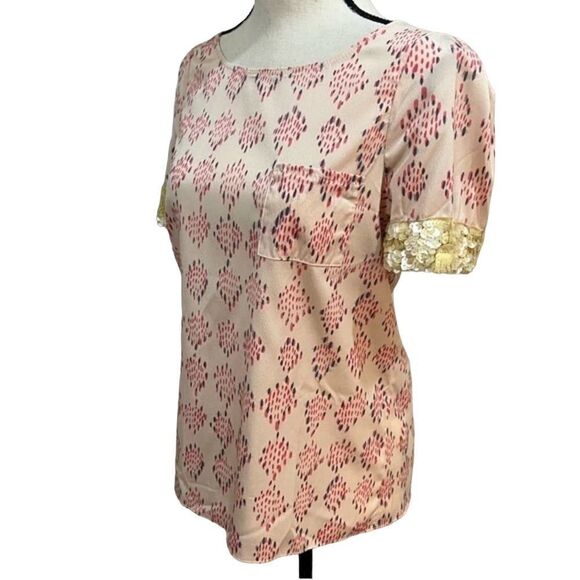 Gryphon New York Pink Printed Short Sleeve silk Sequin Pocket Tee Top size small - Picture 4 of 11